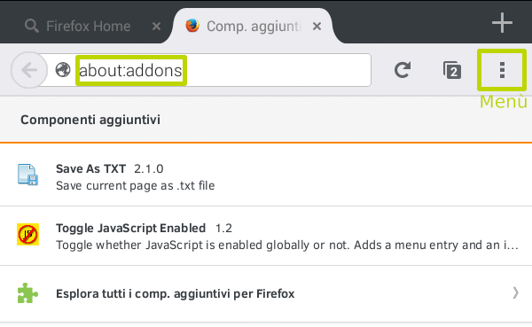 Firefox per Android componenti aggiuntivi