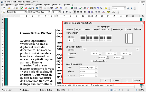 openoffice writer colonne