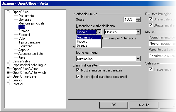OpenOffice, modificare tema e dimensione delle icone