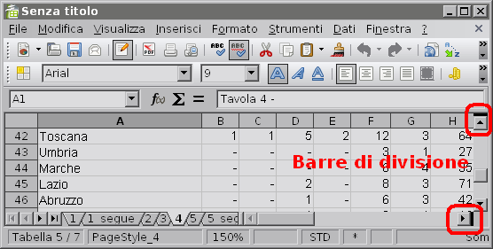 Dividere l'area di lavoro di Apache OpenOffice Calc