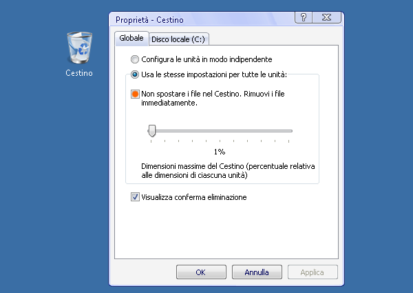 Windows Disattivare Cestino