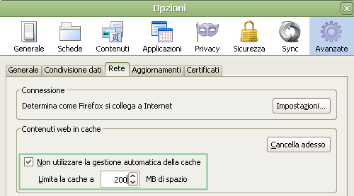 Velocizzare Firefox attraverso la cache