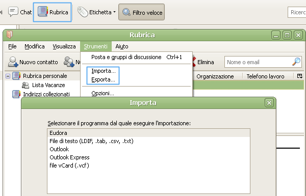 Thunderbird, importare ed esportare la rubrica