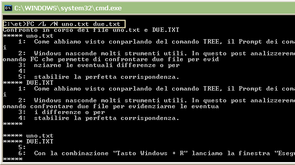 Confrontare due file con il comando FC