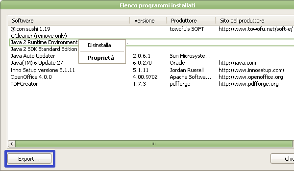Windows, elenco dei programmi installati con Daphne