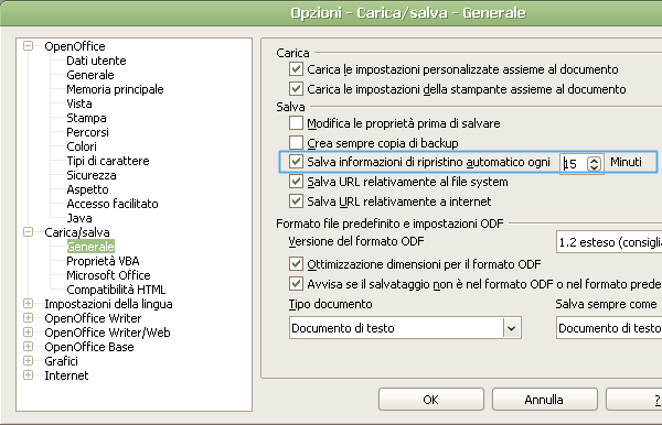 salvataggio automatico OpenOffice