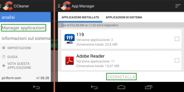 Android, rimuovere app con CCleaner per Android
