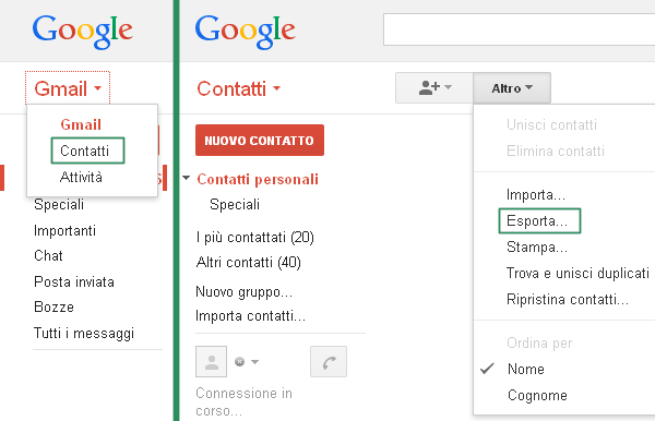 Gmail, come esportare i contatti