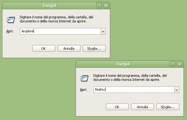 Finestra Esegui Firefox iexplore