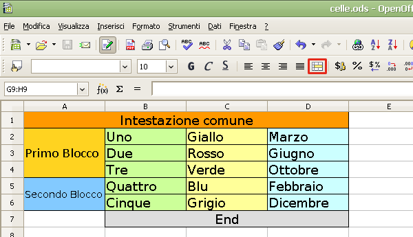 OpenOffice Calc, unire più celle