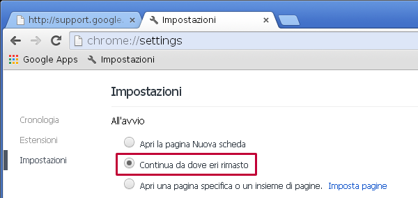 Google Chrome, riprendere la navigazione interrotta