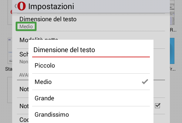 Opera Mini Dimensione del testo