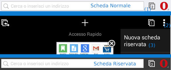 Opera Mini per Android, le schede riservate