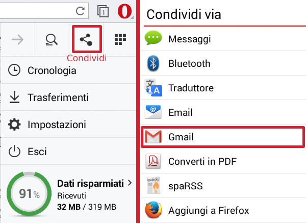 Opera Mini, condividere una pagina con Gmail