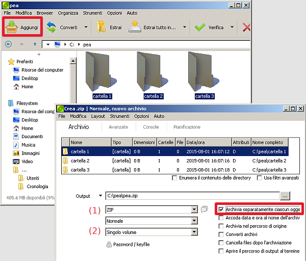 PeaZip, archivi ZIP separati per ogni cartella