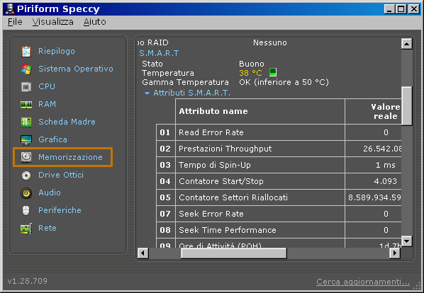 Speccy, temperatura e caratteristiche dell'hard disk