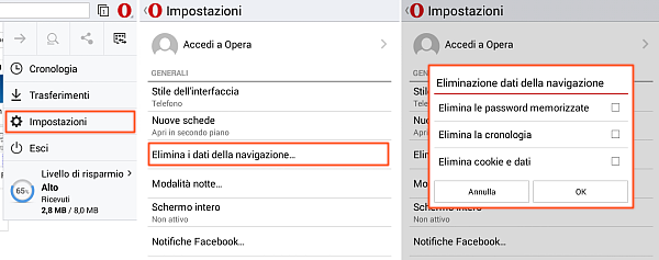 Opera Mini, cancellare cookie e cronologia