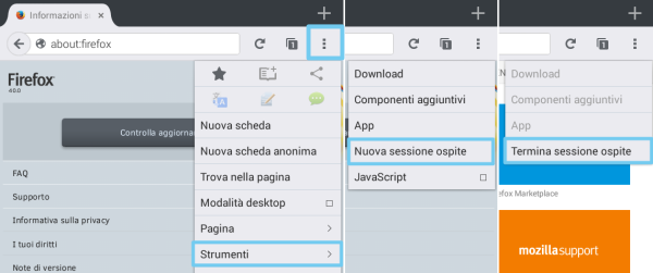 La sessione ospite di Firefox per Android