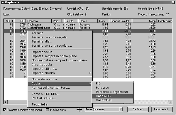 Daphne, calcolare l'hash MD5 o SHA1 dei processi di Windows