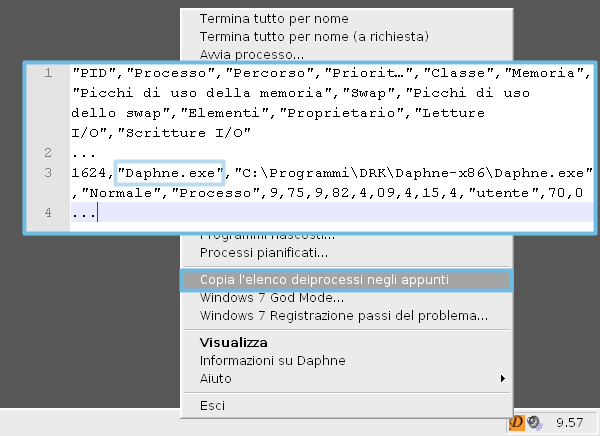 Daphne, salvare l'elenco dei processi di Windows