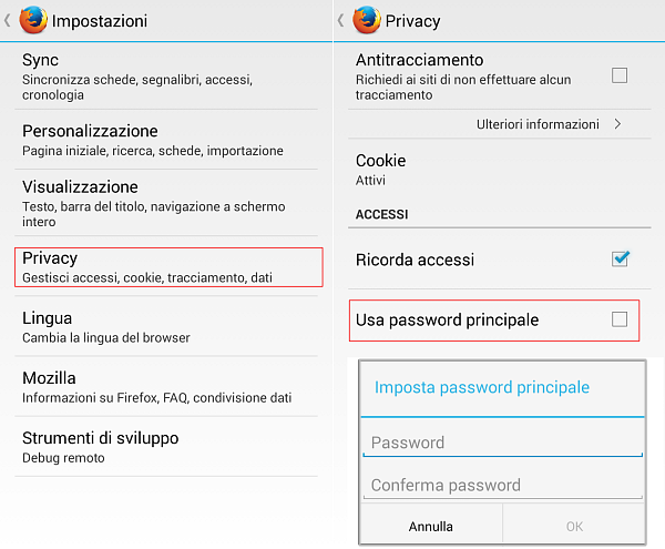 Firefox per Android, impostare la password principale