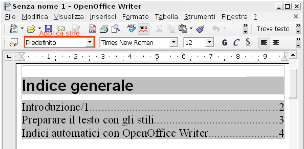 OpenOffice Writer, aggiungere un indice automatico