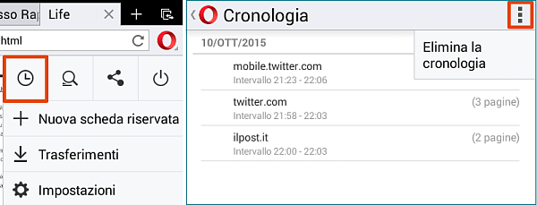 La funzione cronologia in Opera Mini