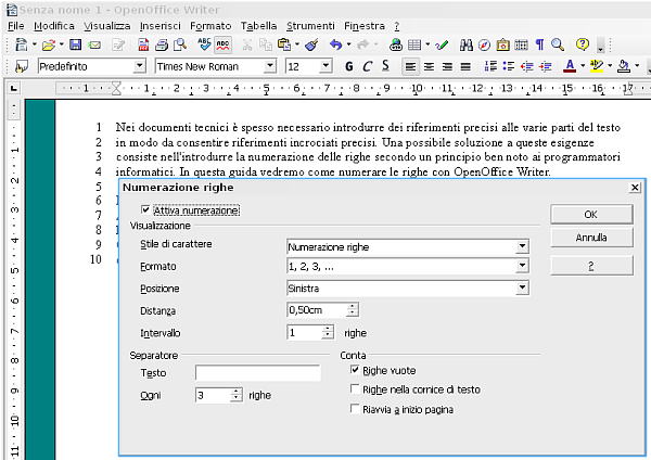 OpenOffice Writer, numerare le righe