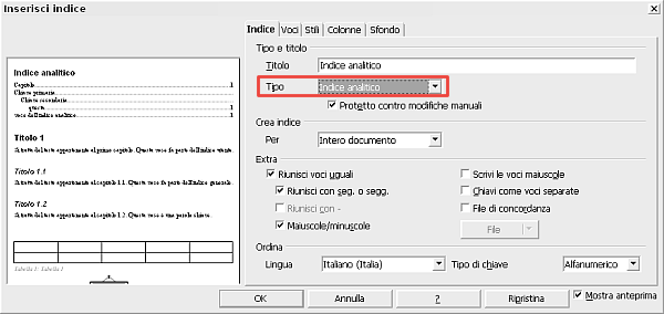 OpenOffice Writer, creare un indice analitico