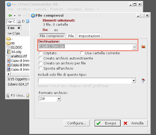 FreeCommander, come creare un file ZIP