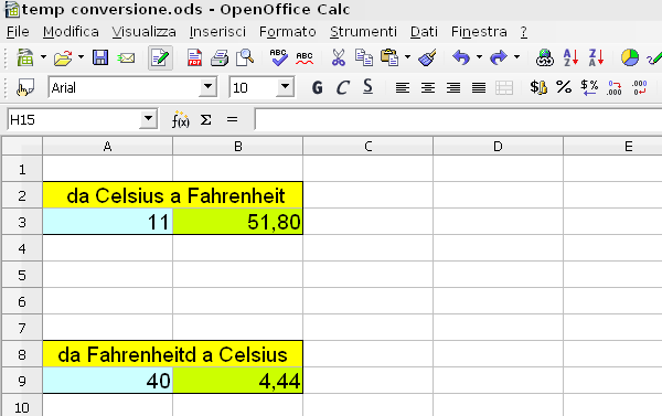 OpenOffice Calc conversione temperatura