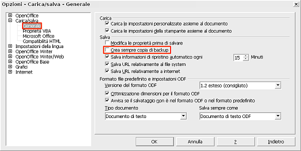 OpenOffice, attivare il backup dei file modificati