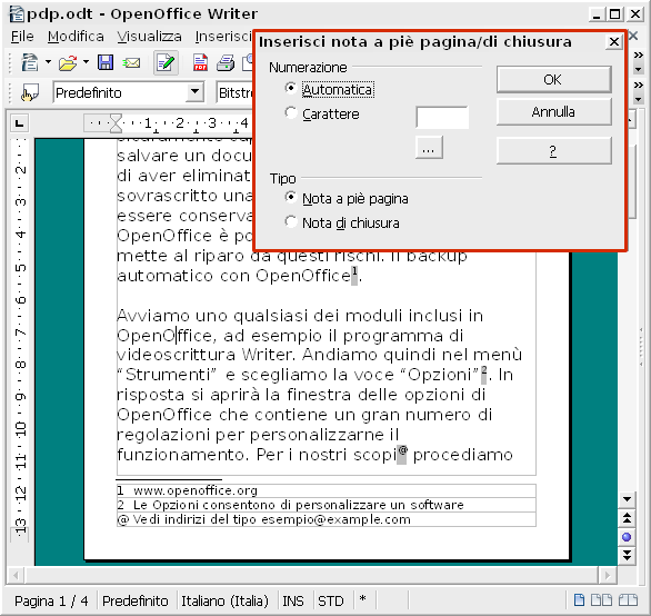 OpenOffice Writer, inserire note a piè di pagina