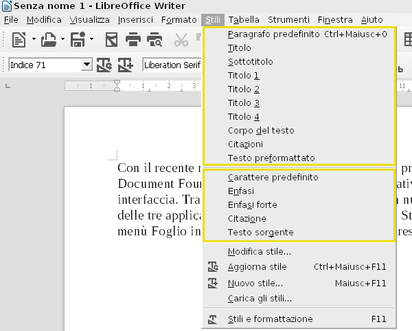 LibreOffice Writer menù Stili