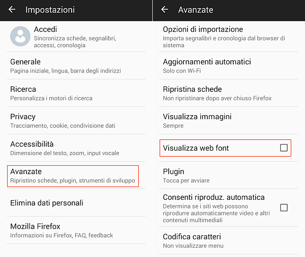 Firefox per Android, disattivare i web font