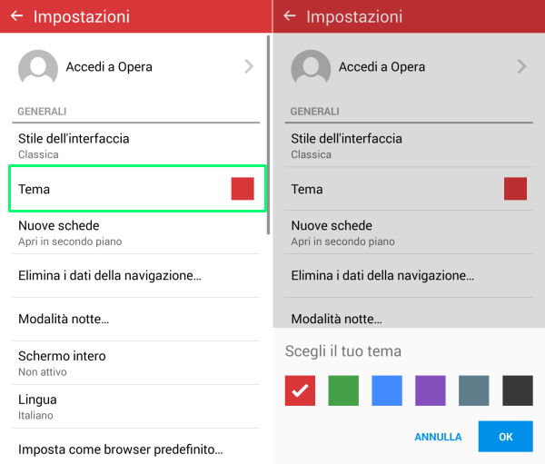 Opera Mini, cambiare colore del tema