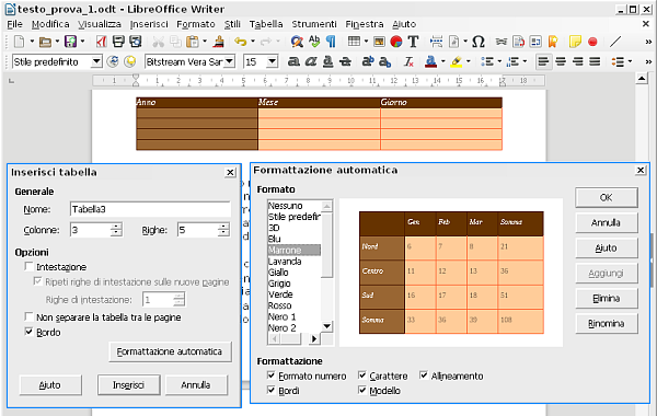 LibreOffice Writer, creare tabelle formattate