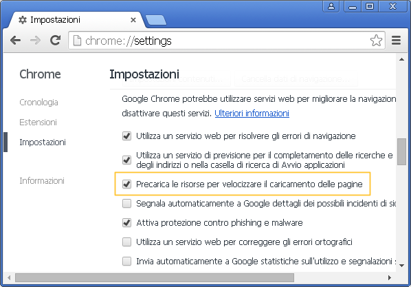 Google Chrome precaricamento