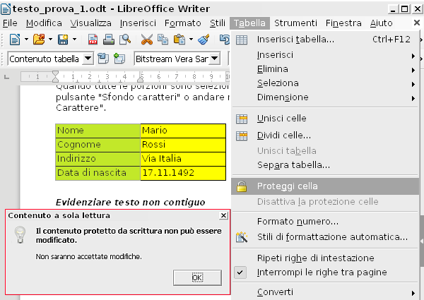 LibreOffice Writer Tabelle Protezione Celle