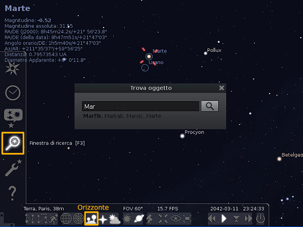 Stellarium, cercare oggetti nel cielo