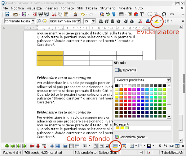 Tabelle LibreOffice Writer, cambiare colore di sfondo