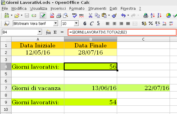OpenOffice Calc, calcolare i giorni lavorativi tra due date
