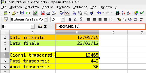 OpenOffice Calc, numero di giorni tra due date