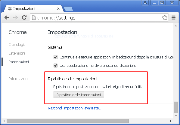 Ripristinare Google Chrome in caso di problemi