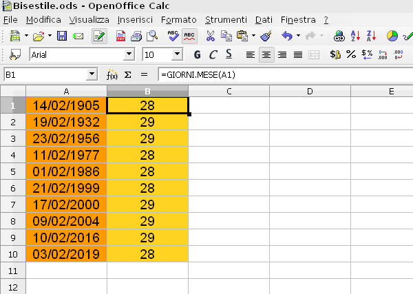 OpenOffice Calc, quanti giorni ha febbraio?