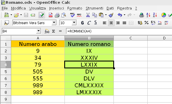 OpenOffice Calc, convertire i numeri arabi in romani