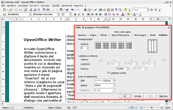 OpenOffice Writer, organizzare il testo in colonne