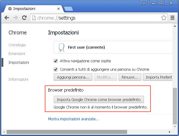 Google Chrome browser predefinito in Windows 10