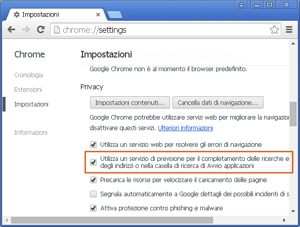 Google Chrome, disattivare i suggerimenti (previsioni)