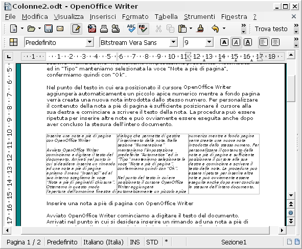 OpenOffice Writer, dividere un paragrafo in colonne